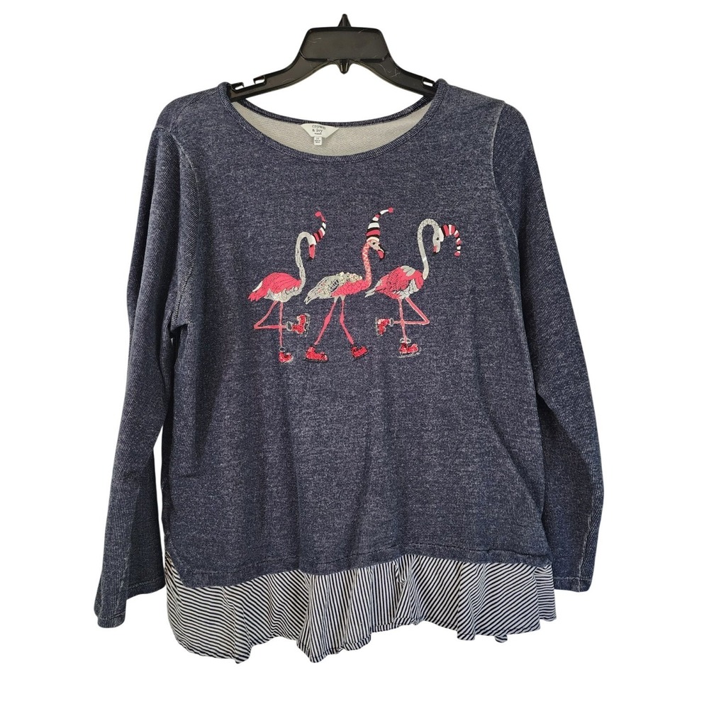 Crown & Ivy Womens 2X Flamingo Christmas Top Blue Sequin Holiday Long Sleeve